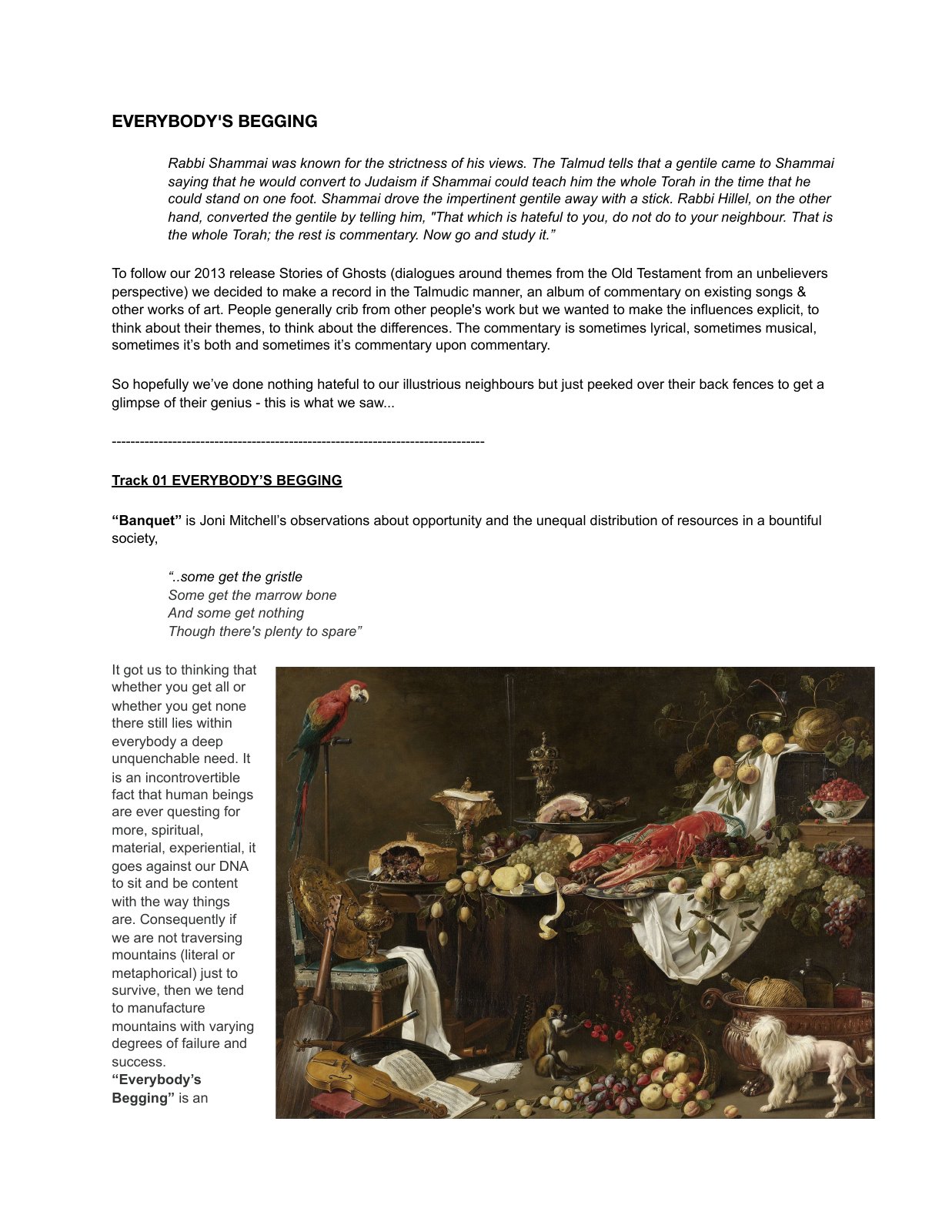 Everybody’s Begging original illustrated album notes, page 1